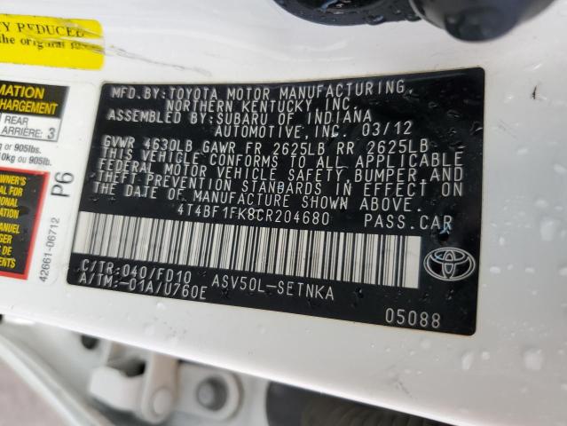 2012 Toyota Camry Base VIN: 4T4BF1FK8CR204680 Lot: 56389834