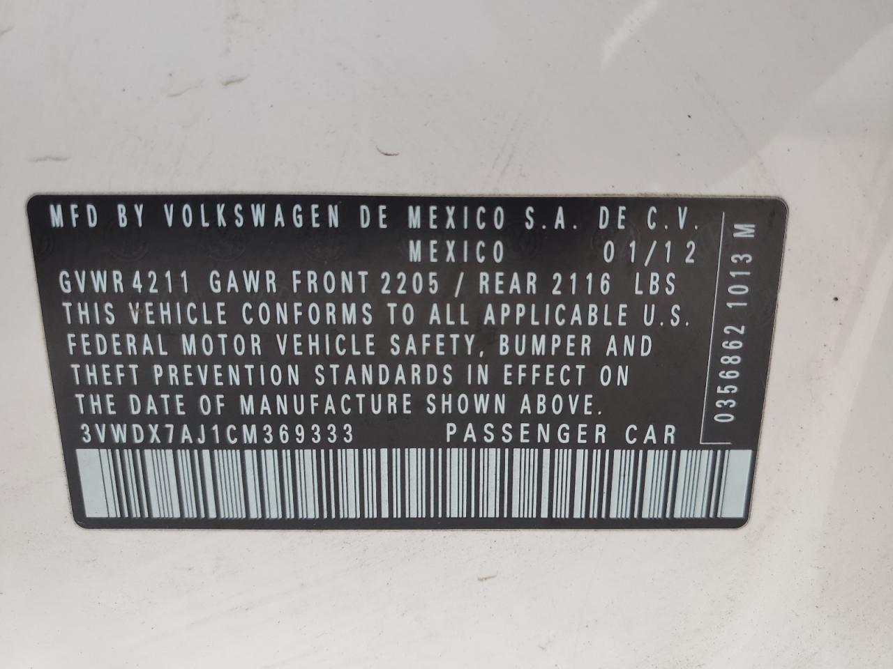 3VWDX7AJ1CM369333 2012 Volkswagen Jetta Se