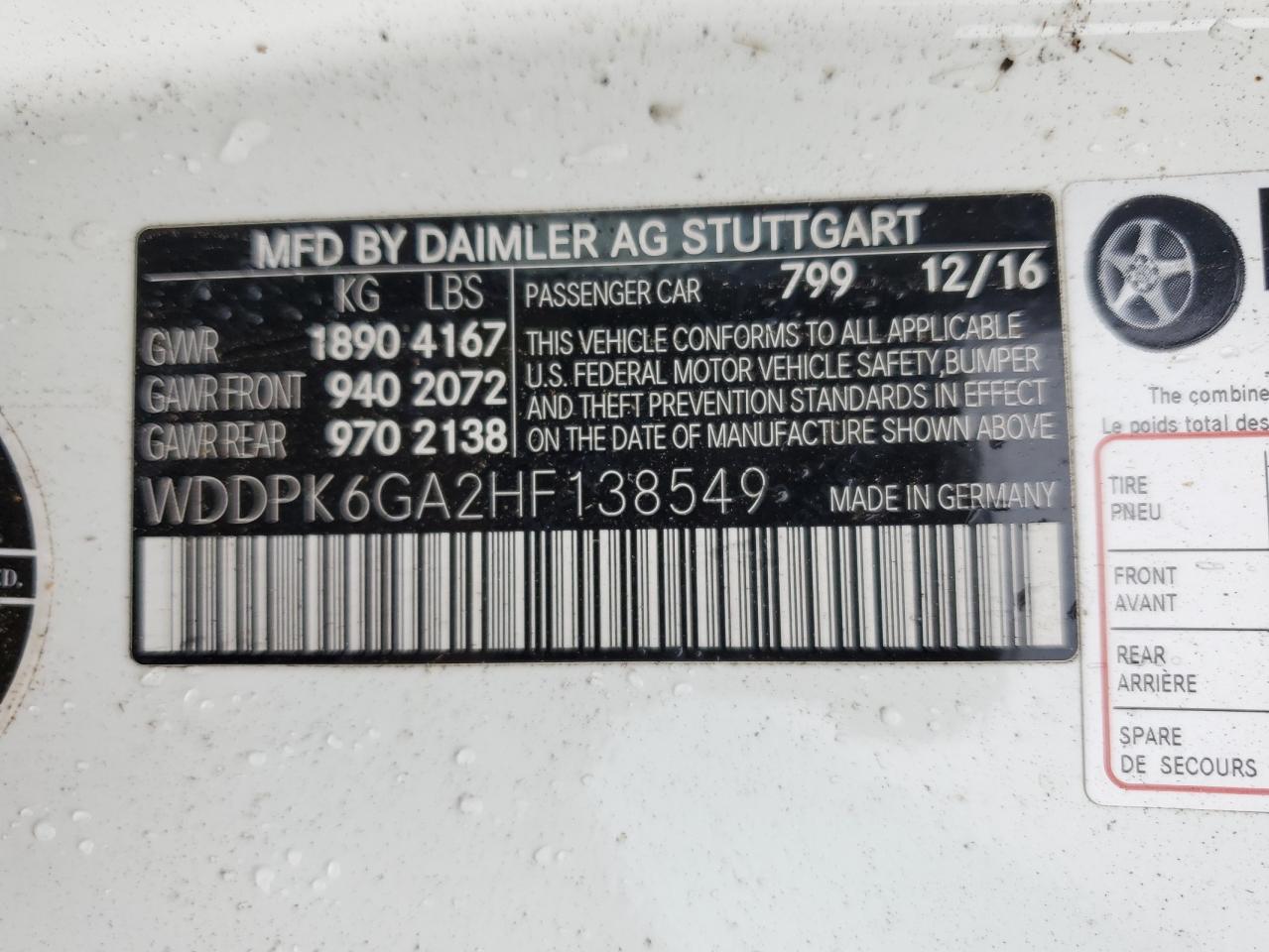 WDDPK6GA2HF138549 MERCEDES-BENZ SLC-CLASS 2017