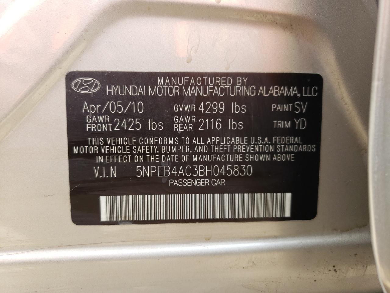 5NPEB4AC3BH045830 2011 Hyundai Sonata Gls