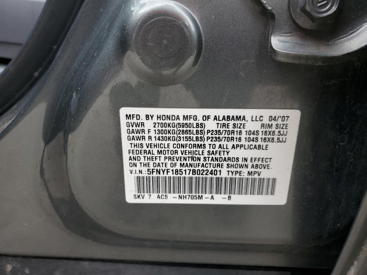 5FNYF18517B022401 2007 Honda Pilot Exl