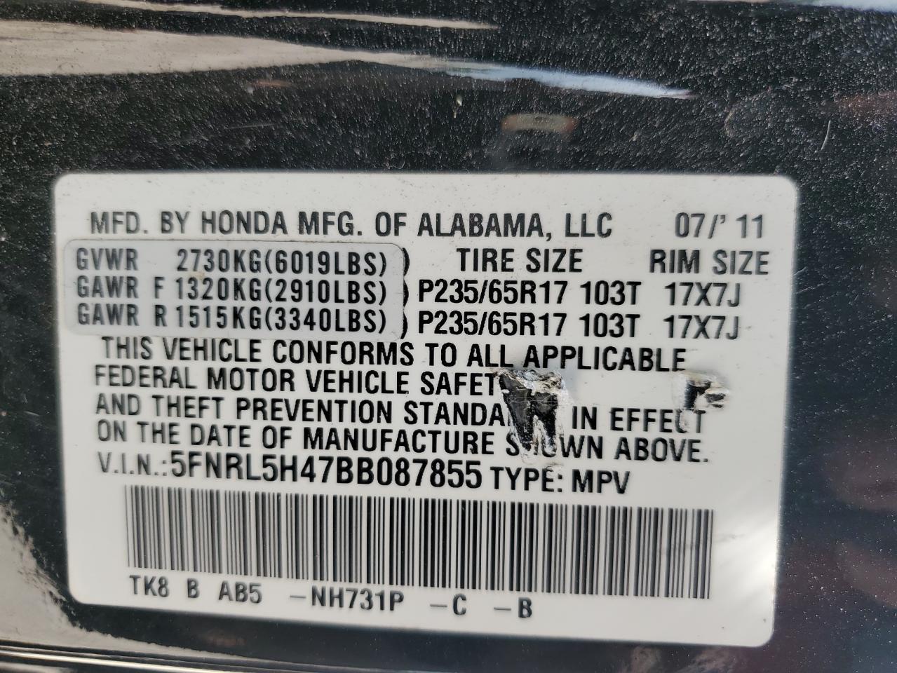 5FNRL5H47BB087855 2011 Honda Odyssey Ex