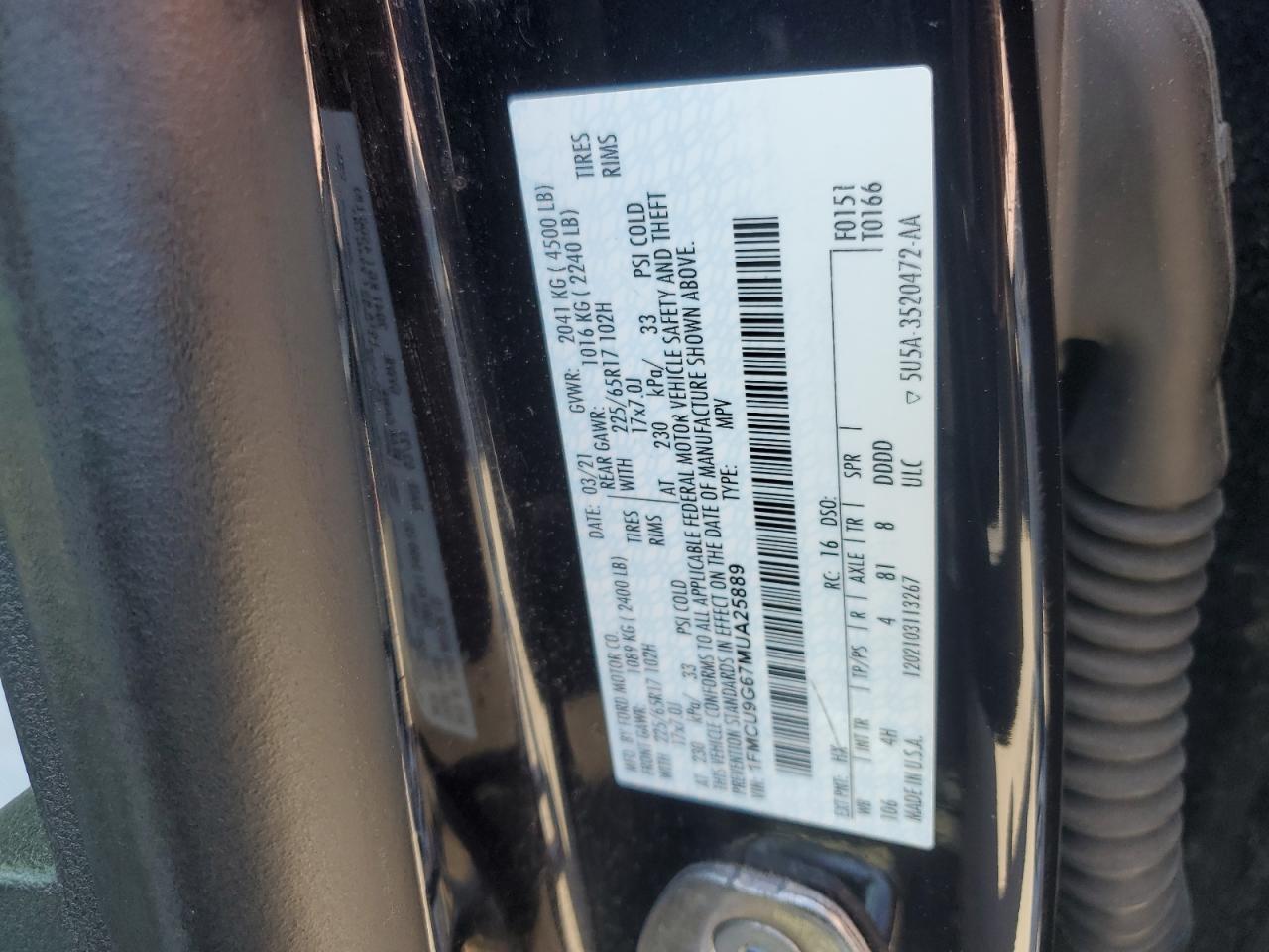 1FMCU9G67MUA25889 FORD ESCAPE 2021