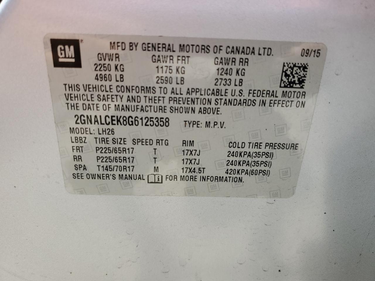 2GNALCEK8G6125358 2016 Chevrolet Equinox Lt