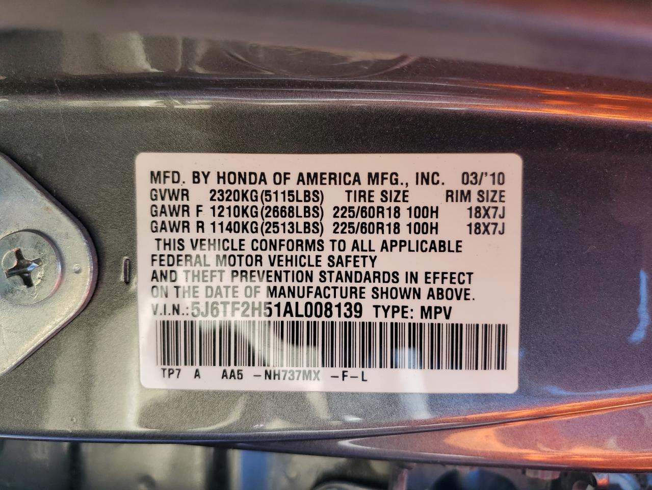 5J6TF2H51AL008139 2010 Honda Accord Crosstour Exl