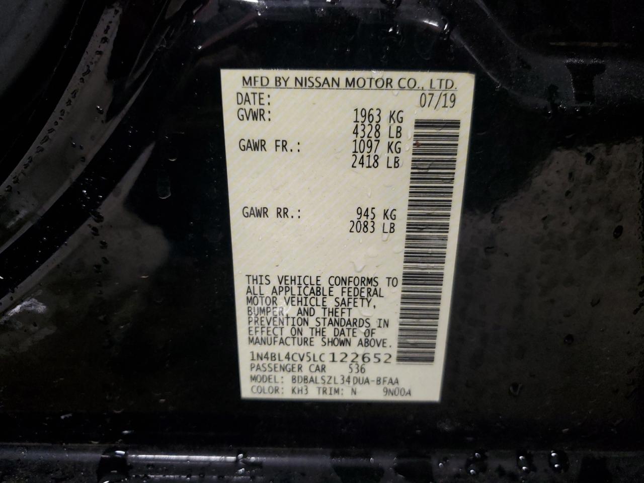 1N4BL4CV5LC122652 2020 Nissan Altima Sr