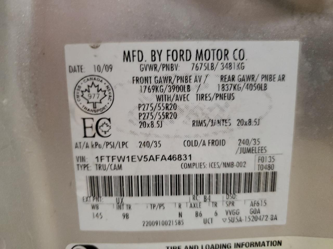 1FTFW1EV5AFA46831 2010 Ford F150 Supercrew