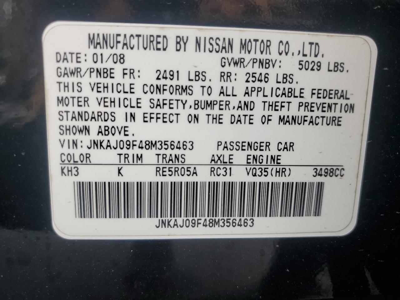 JNKAJ09F48M356463 2008 Infiniti Ex35 Base