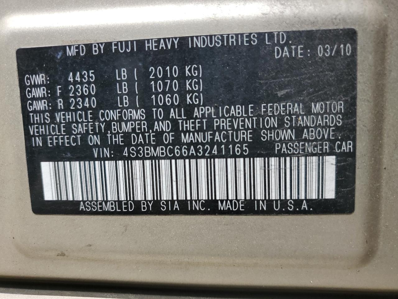 4S3BMBC66A3241165 2010 Subaru Legacy 2.5I Premium