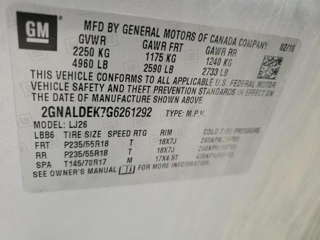 2016 Chevrolet Equinox Ltz VIN: 2GNALDEK7G6261292 Lot: 54622734