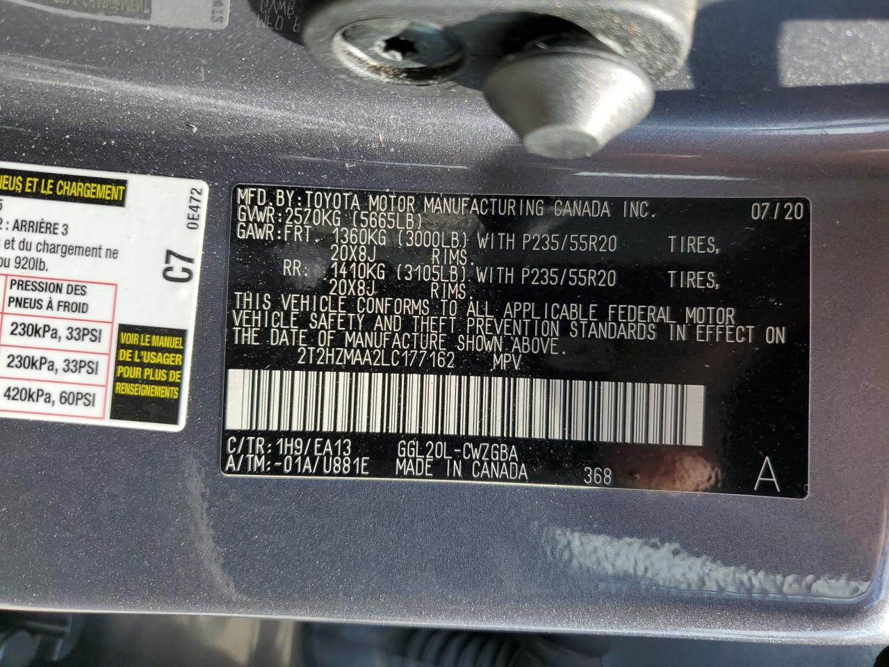 2T2HZMAA2LC177162 2020 Lexus Rx 350