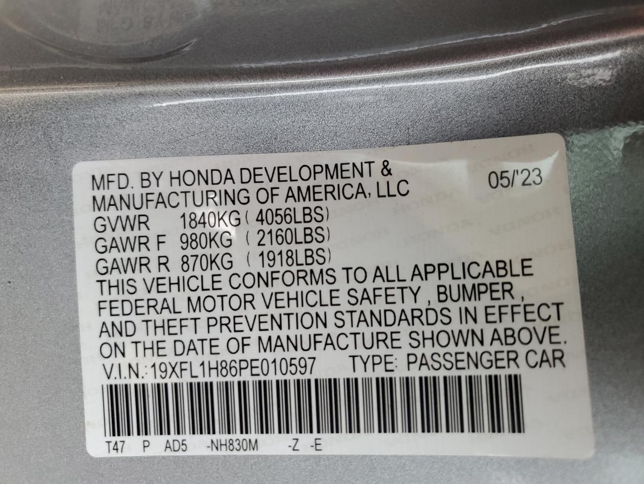 19XFL1H86PE010597 HONDA CIVIC 2023