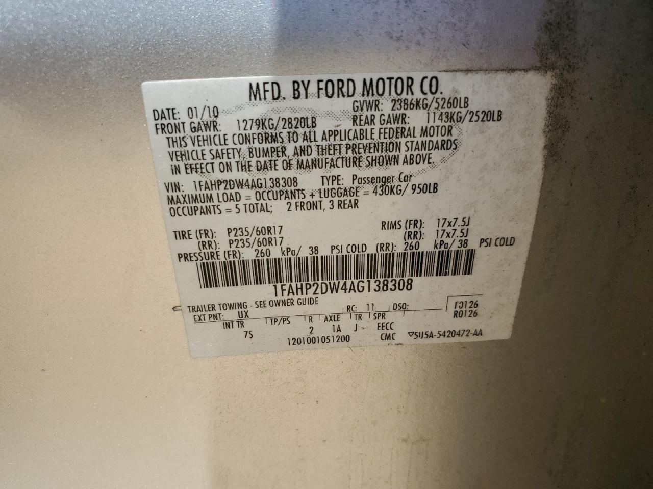 1FAHP2DW4AG138308 2010 Ford Taurus Se