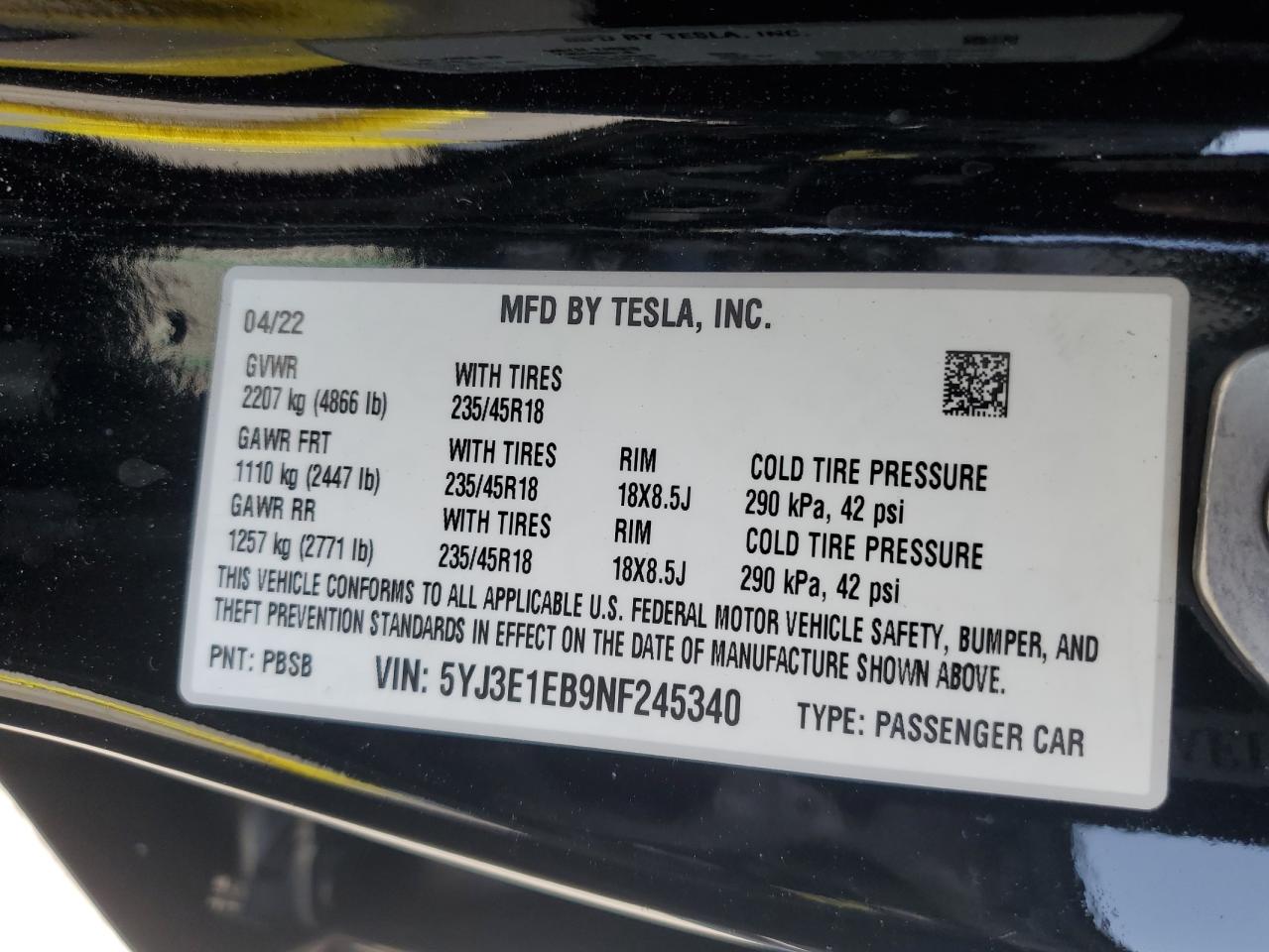 5YJ3E1EB9NF245340 2022 Tesla Model 3