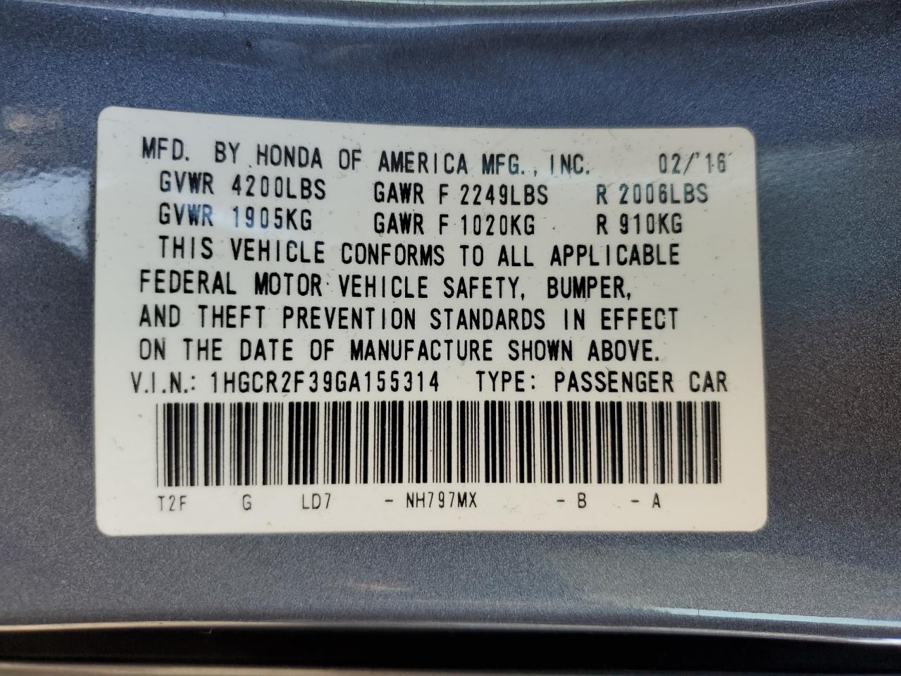 1HGCR2F39GA155314 HONDA ACCORD 2016
