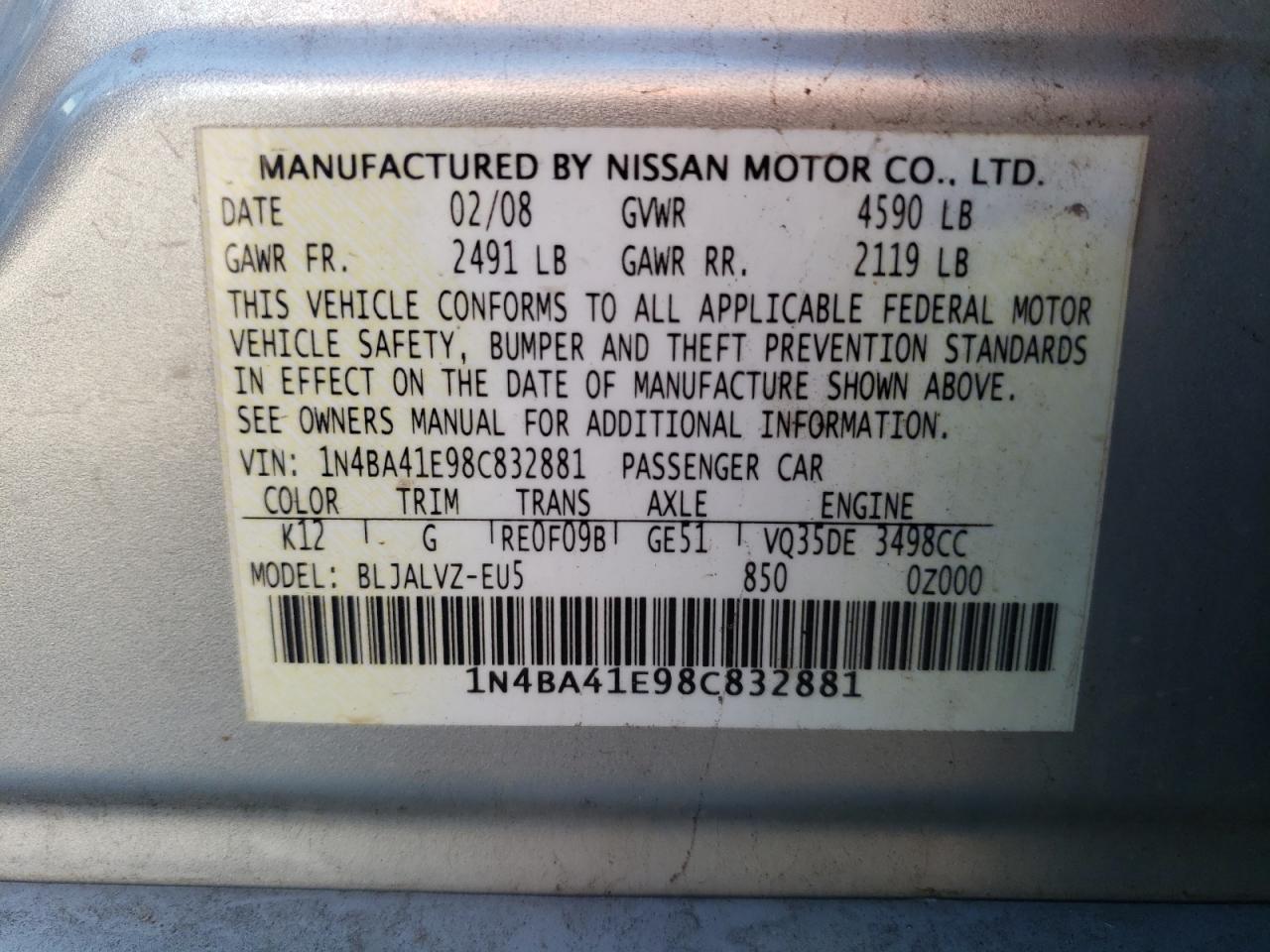 1N4BA41E98C832881 2008 Nissan Maxima Se