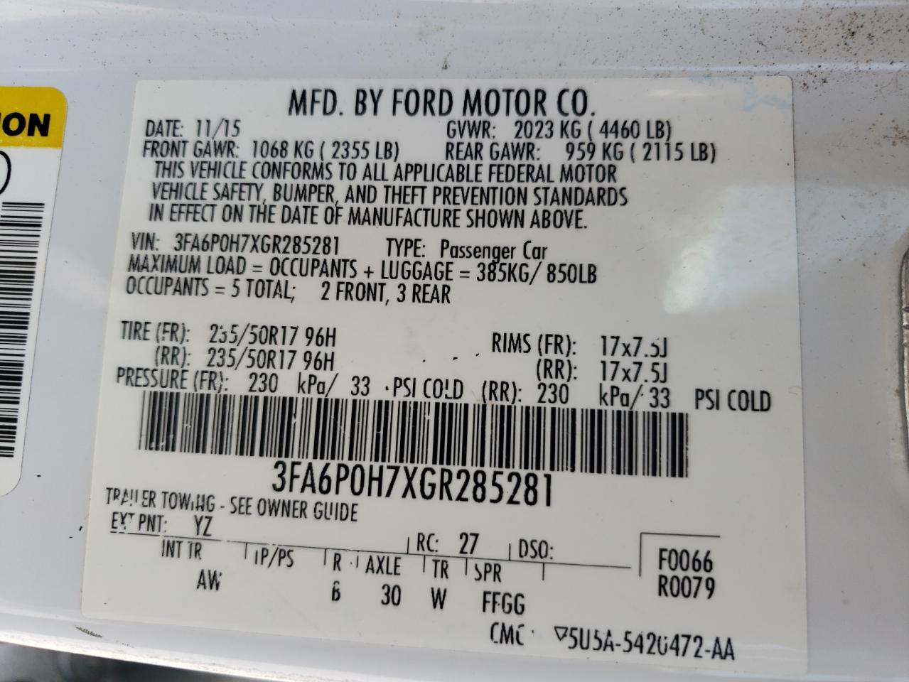 3FA6P0H7XGR285281 FORD FUSION 2016