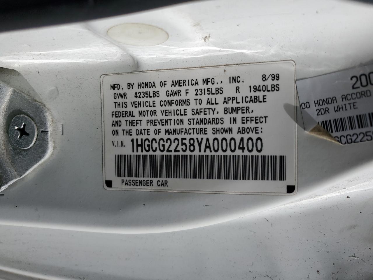 1HGCG2258YA000400 2000 Honda Accord Ex