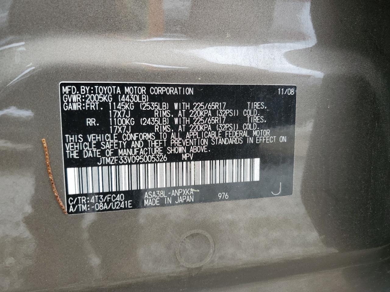 JTMZF33V095005326 2009 Toyota Rav4