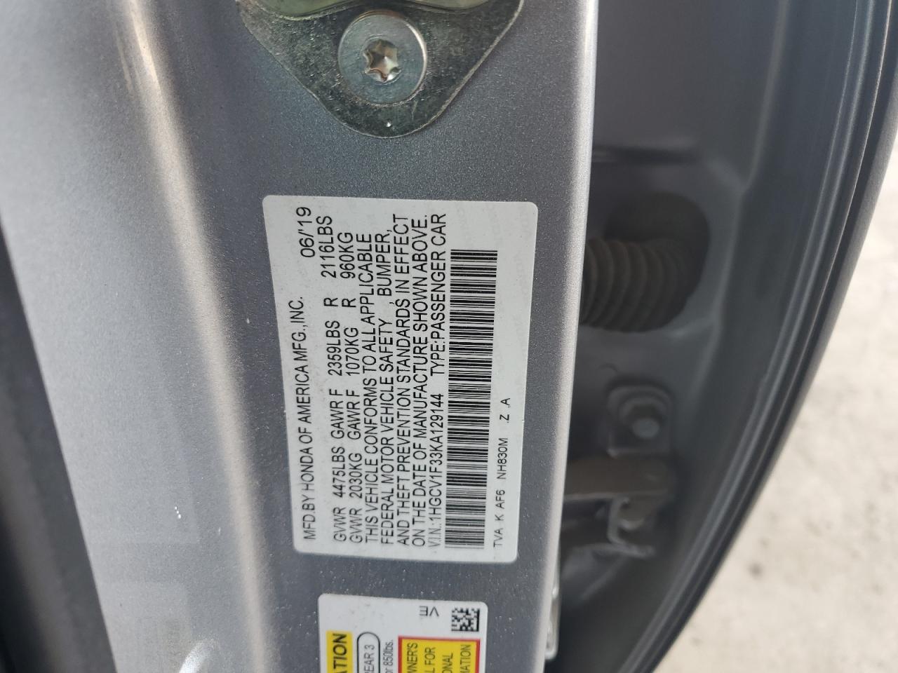1HGCV1F33KA129144 HONDA ACCORD 2019