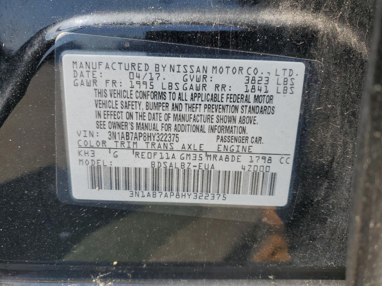 3N1AB7AP8HY322375 2017 Nissan Sentra S