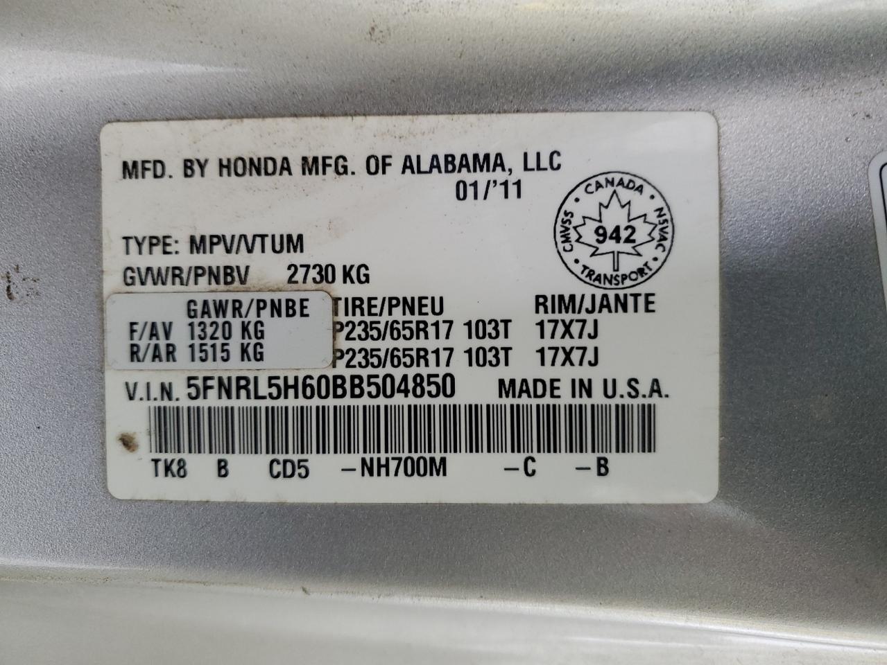 5FNRL5H60BB504850 2011 Honda Odyssey Exl