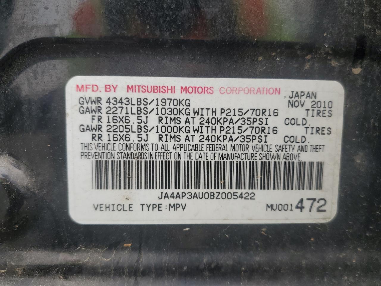 JA4AP3AU0BZ005422 2011 Mitsubishi Outlander Sport Es