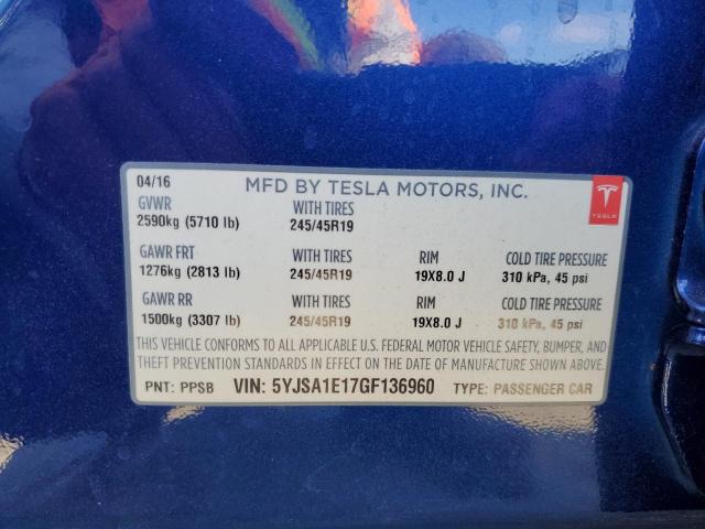 2016 Tesla Model S VIN: 5YJSA1E17GF136960 Lot: 53458224