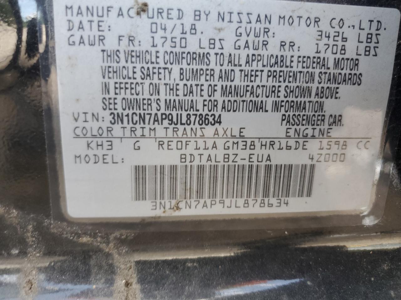 3N1CN7AP9JL878634 NISSAN VERSA 2018