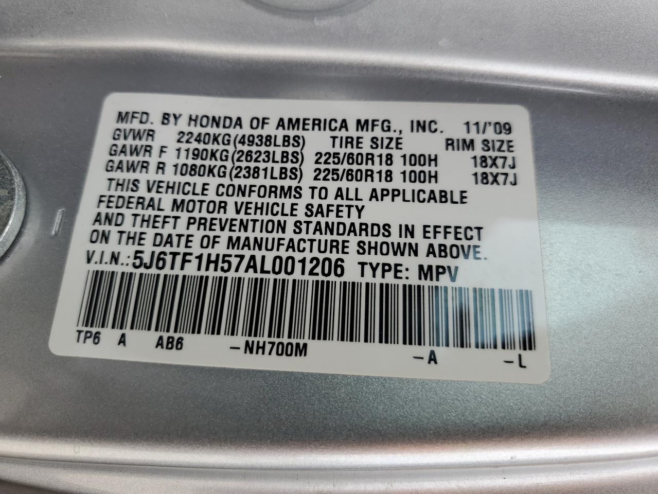 5J6TF1H57AL001206 2010 Honda Accord Crosstour Exl