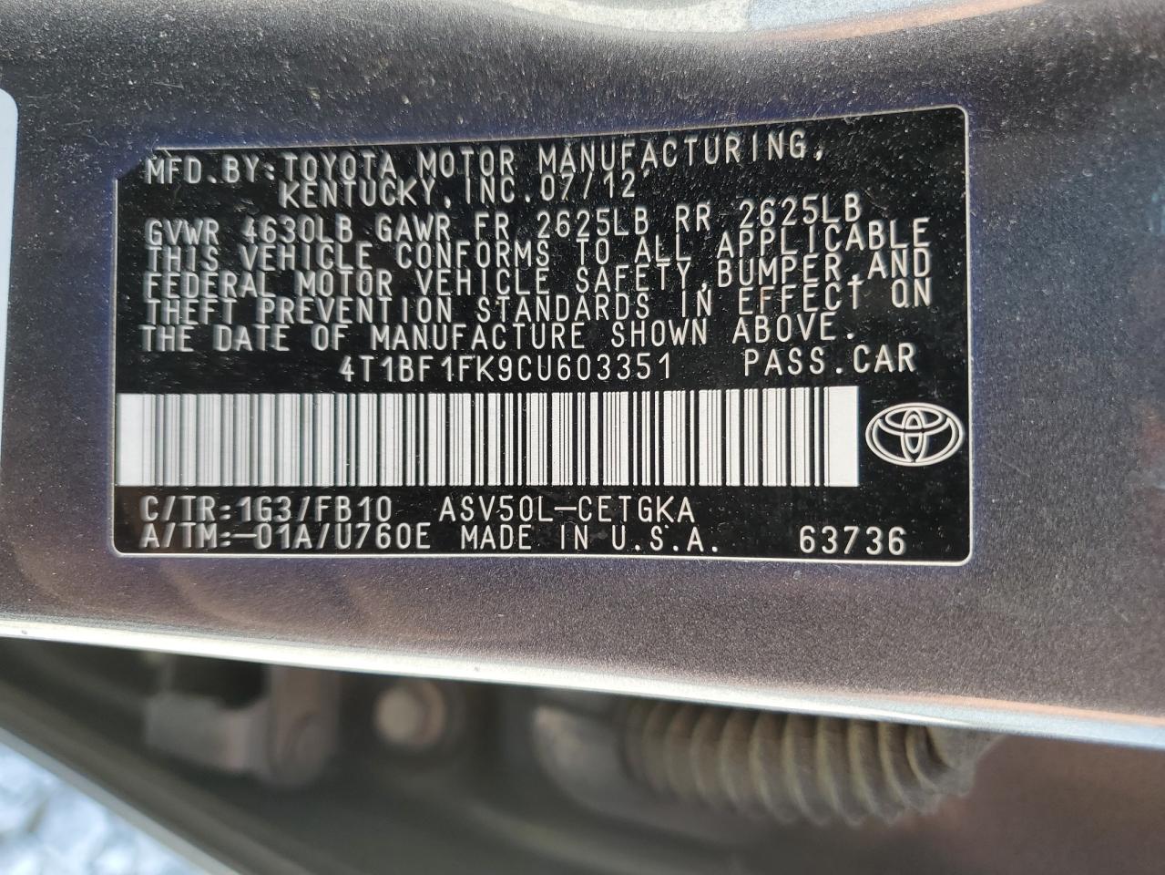 4T1BF1FK9CU603351 2012 Toyota Camry Base