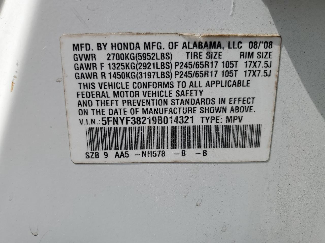 5FNYF38219B014321 2009 Honda Pilot Lx