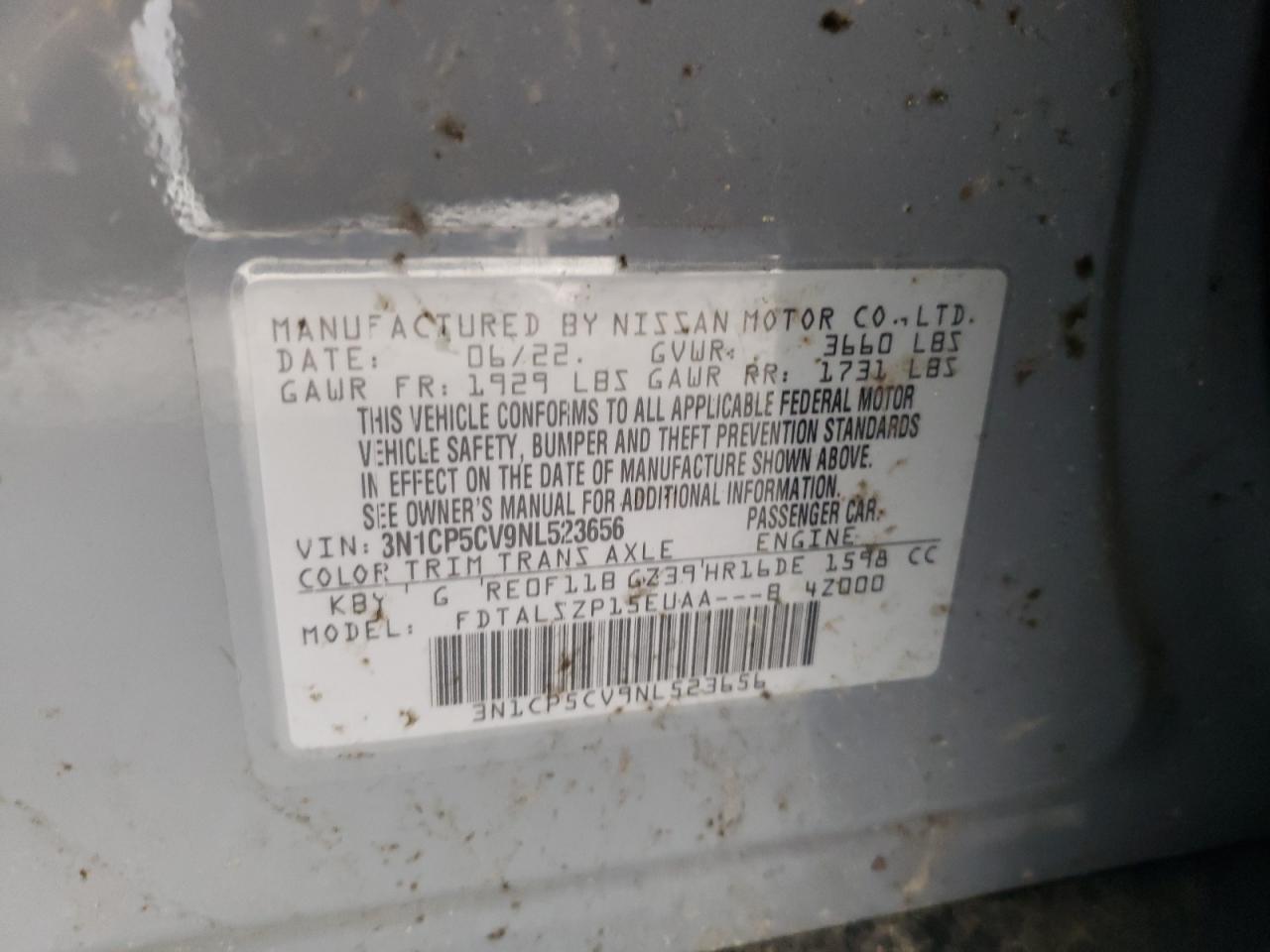 3N1CP5CV9NL523656 NISSAN KICKS 2022