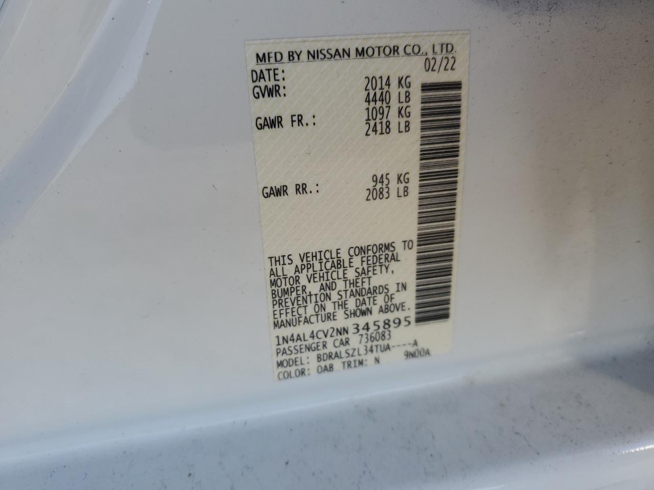 1N4AL4CV2NN345895 NISSAN ALTIMA 2022
