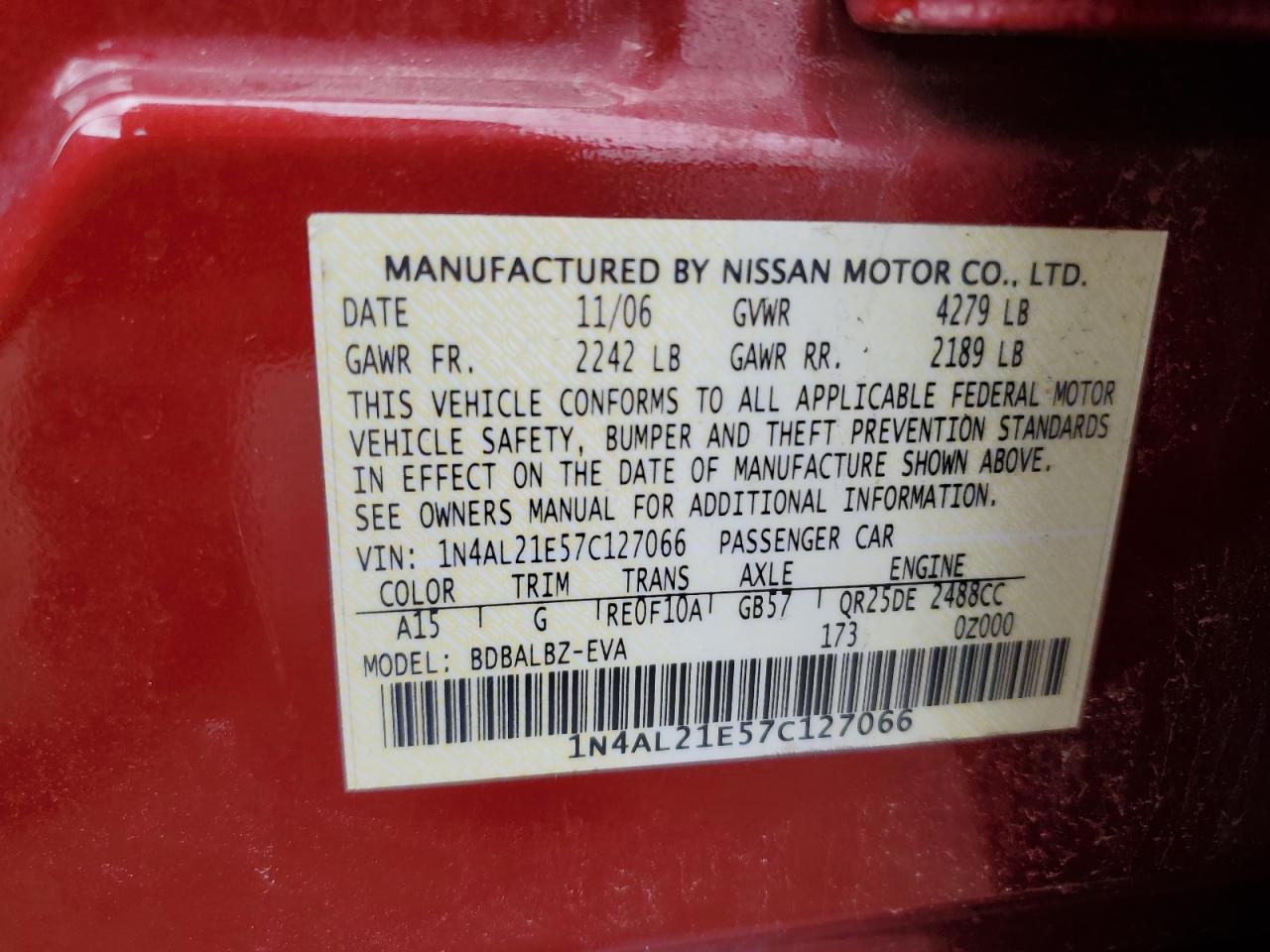 1N4AL21E57C127066 2007 Nissan Altima 2.5