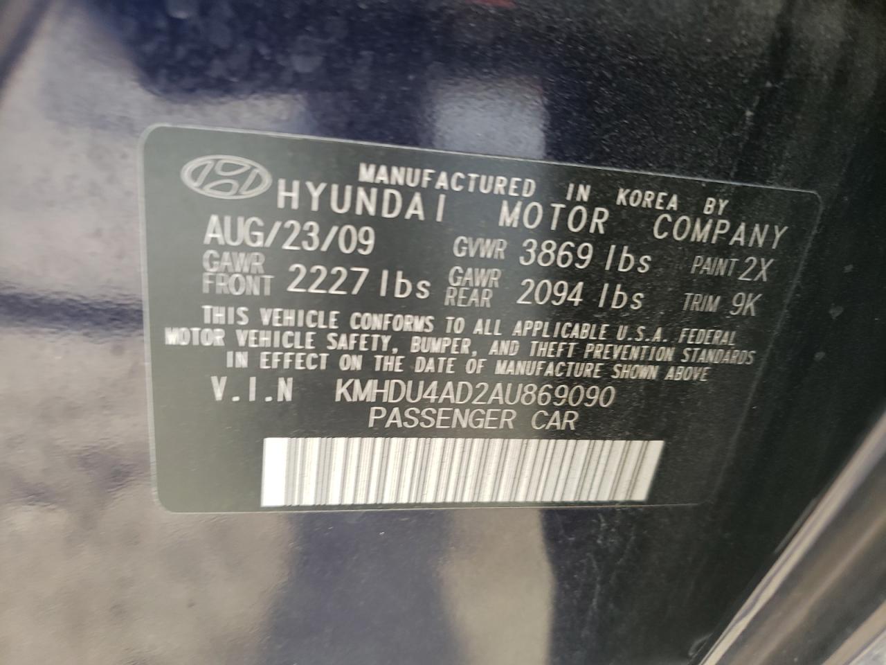 KMHDU4AD2AU869090 2010 Hyundai Elantra Blue