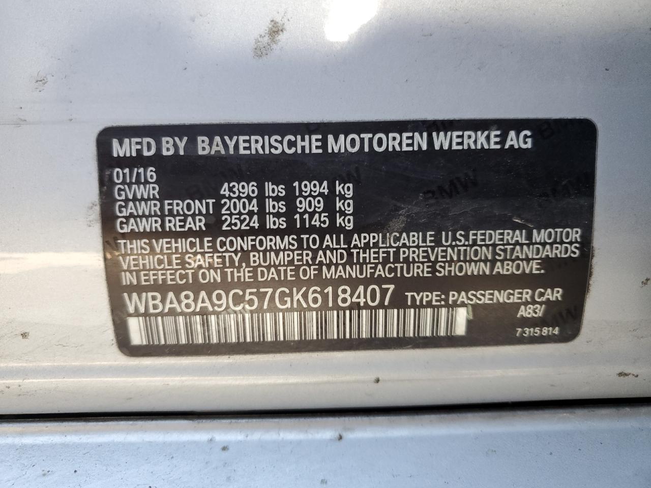 WBA8A9C57GK618407 2016 BMW 320 I