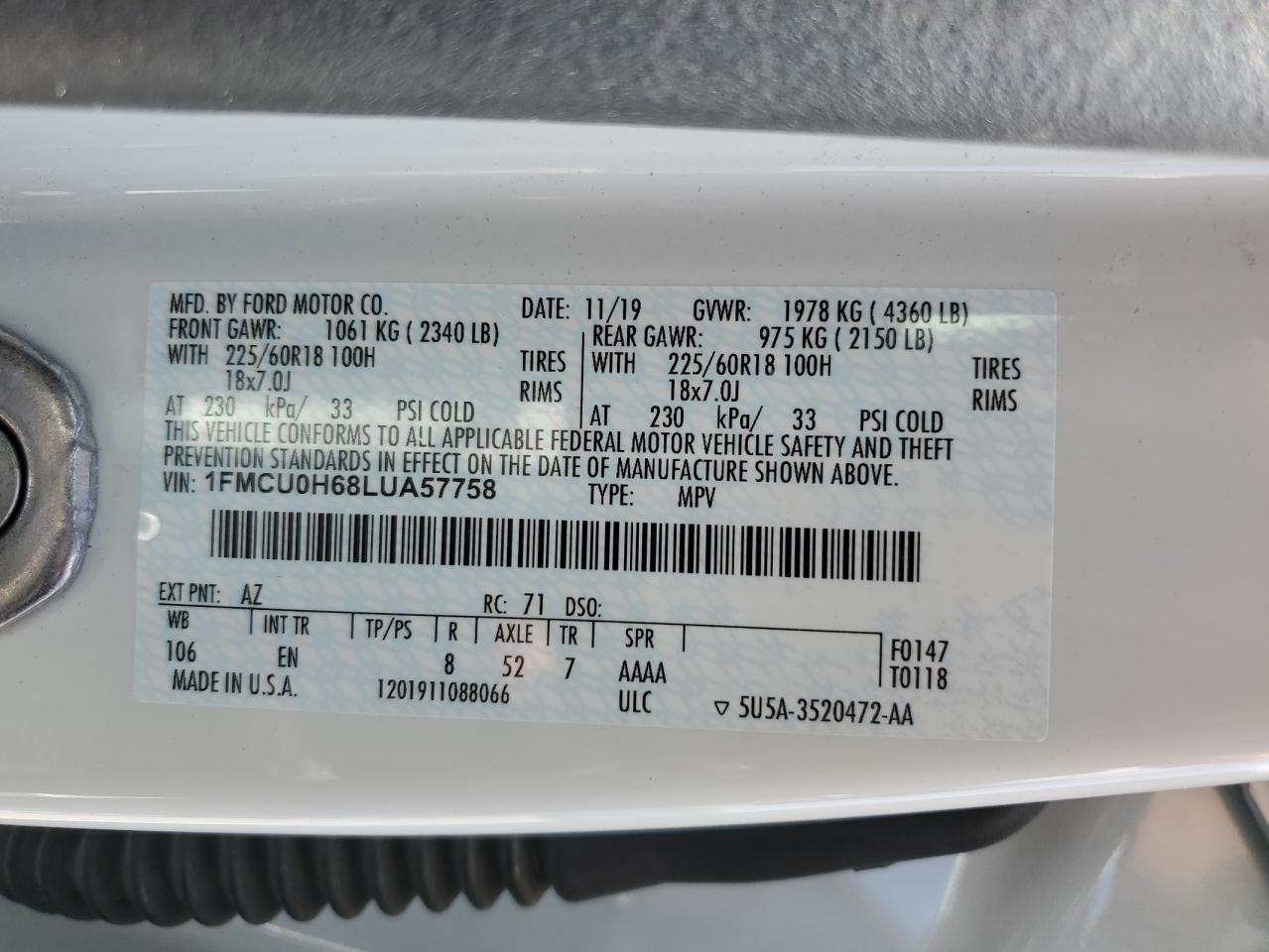 1FMCU0H68LUA57758 FORD ESCAPE 2020