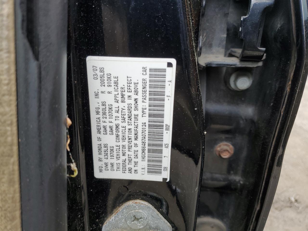 1HGCM66487A070124 2007 Honda Accord Se