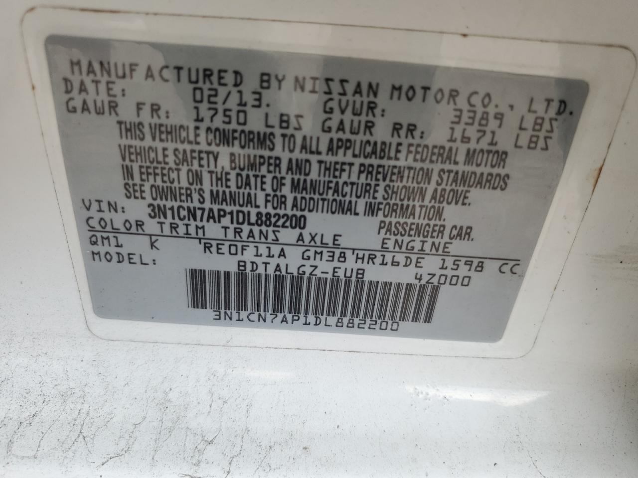 3N1CN7AP1DL882200 2013 Nissan Versa S