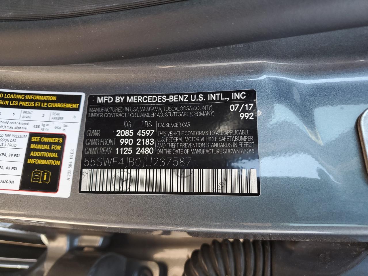 55SWF4JB0JU237587 2018 Mercedes-Benz C 300