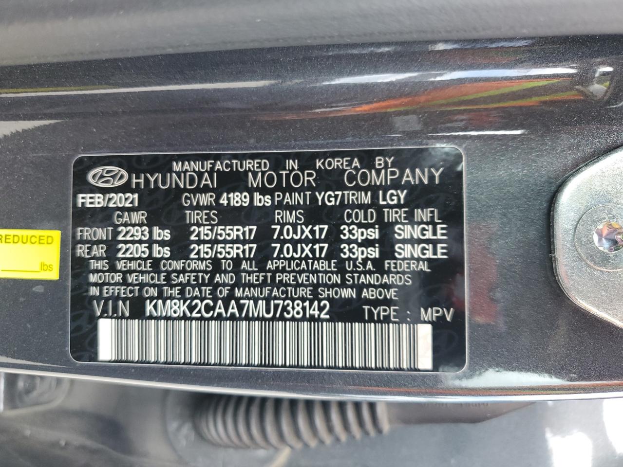 KM8K2CAA7MU738142 2021 Hyundai Kona Sel