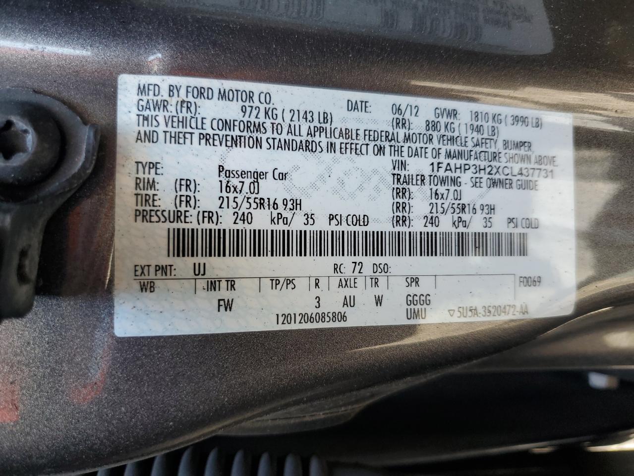 1FAHP3H2XCL437731 2012 Ford Focus Sel