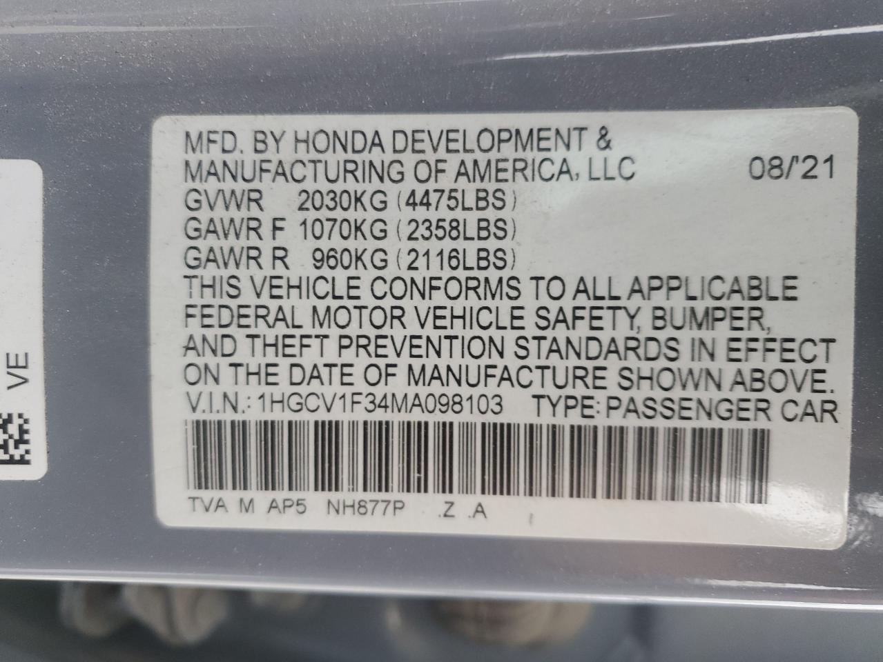 1HGCV1F34MA098103 2021 Honda Accord Sport