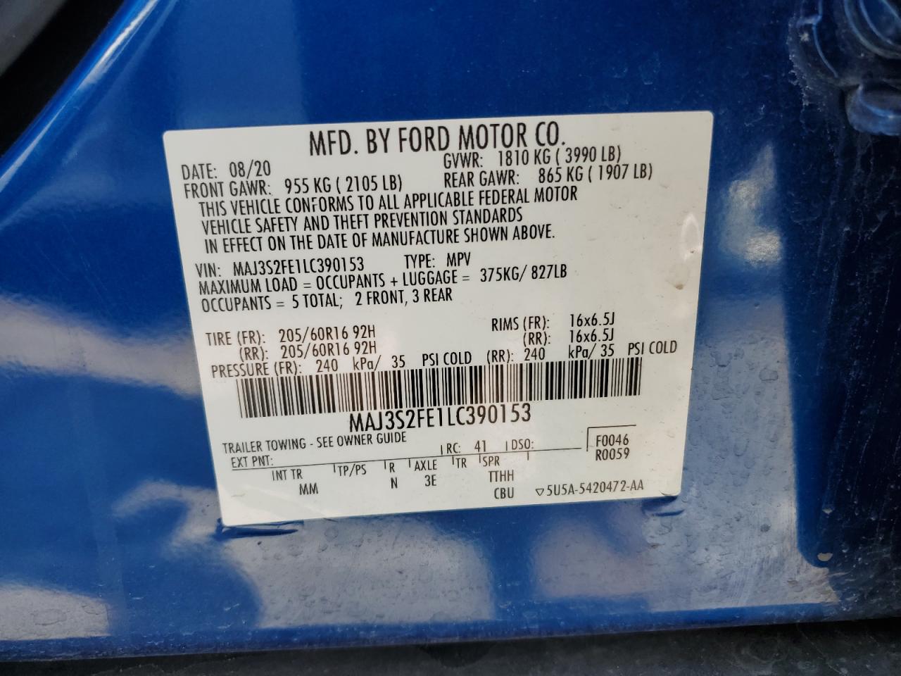 MAJ3S2FE1LC390153 FORD ECOSPORT 2020