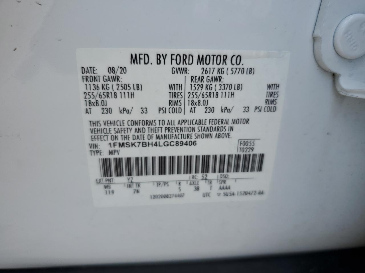 1FMSK7BH4LGC89406 2020 Ford Explorer