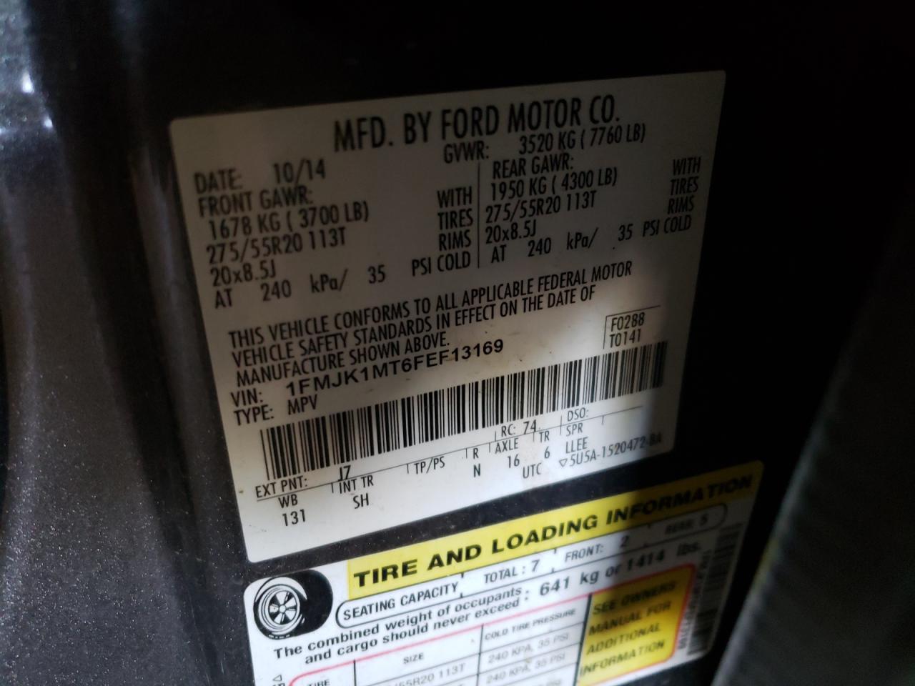 1FMJK1MT6FEF13169 2015 Ford Expedition El Platinum