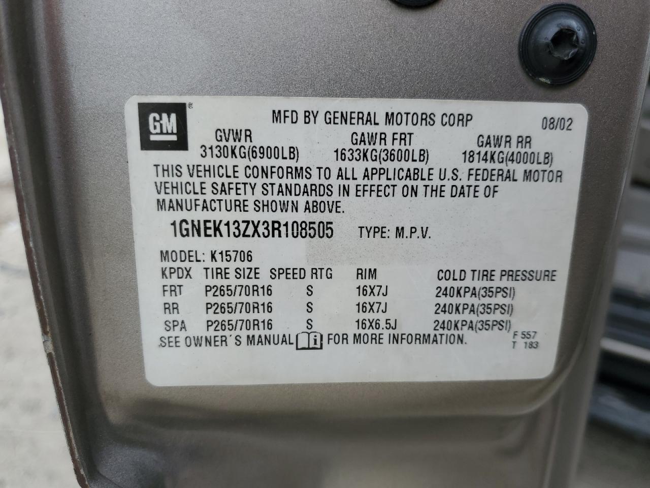 1GNEK13ZX3R108505 2003 Chevrolet Tahoe K1500