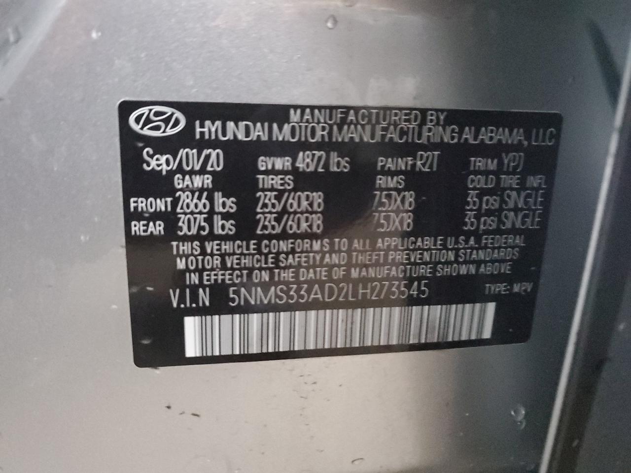 5NMS33AD2LH273545 2020 Hyundai Santa Fe Sel