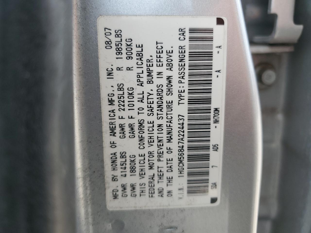 1HGCM56847A224437 2007 Honda Accord Ex